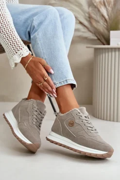 Clearance Boto Ocieplane Skórzane Buty Sportowe Na Platformie Szare Adite