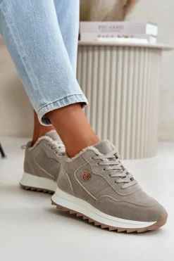 Clearance Boto Ocieplane Skórzane Buty Sportowe Na Platformie Szare Adite