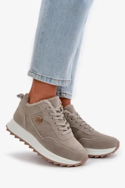 Clearance Boto Ocieplane Skórzane Buty Sportowe Na Platformie Szare Adite