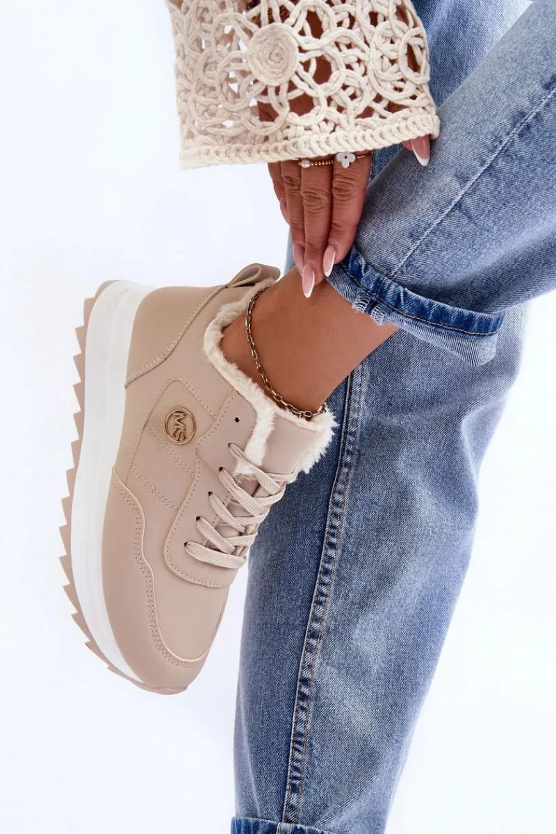Sneakersy Damskie>Boto Ocieplane Skórzane Buty Sportowe Na Platformie Beżowe Adite