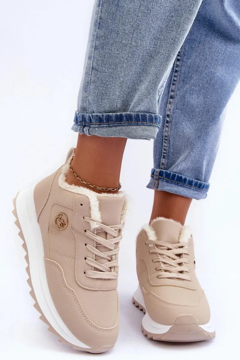Sneakersy Damskie>Boto Ocieplane Skórzane Buty Sportowe Na Platformie Beżowe Adite