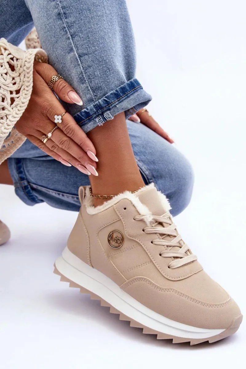 Sneakersy Damskie>Boto Ocieplane Skórzane Buty Sportowe Na Platformie Beżowe Adite