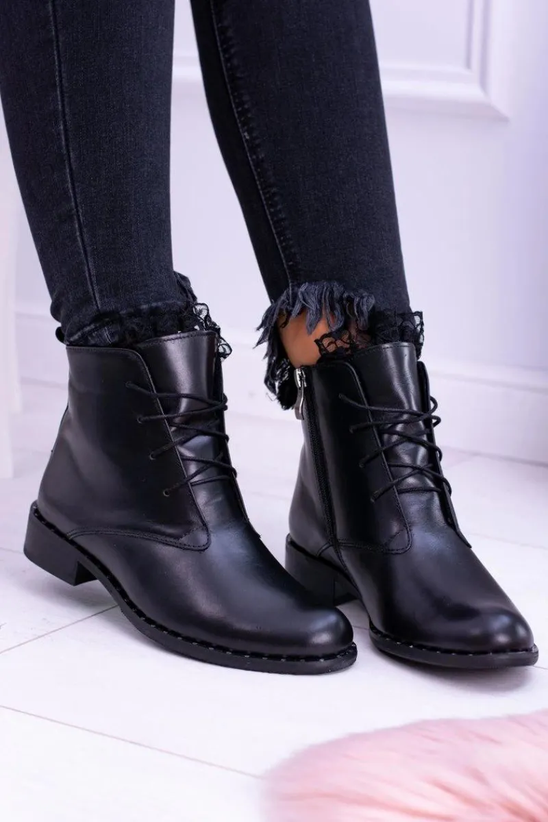 Hot Boto Ocieplane Skórzane Czarne Damskie Botki Z Koronką Millano