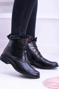 Hot Boto Ocieplane Skórzane Czarne Damskie Botki Z Koronką Millano