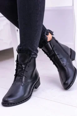 Hot Boto Ocieplane Skórzane Czarne Damskie Botki Z Koronką Millano