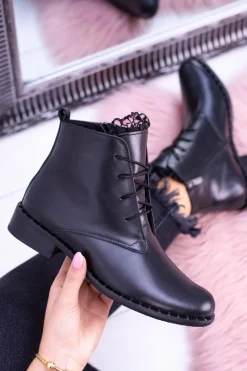 Hot Boto Ocieplane Skórzane Czarne Damskie Botki Z Koronką Millano