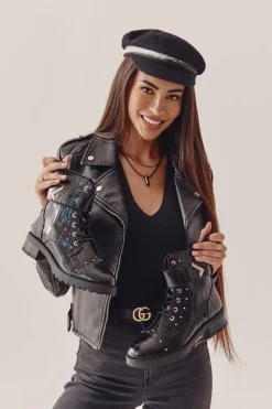 Online Ocieplane Skórzane Wężowe Botki Czarne Colira Damskie Botki Sznurowane|Czarne Botki