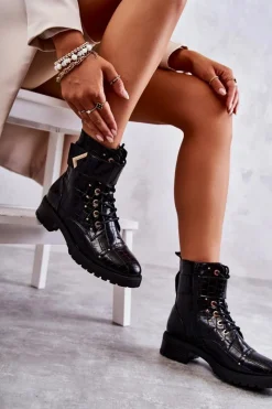 Online Ocieplane Skórzane Wężowe Botki Czarne Colira Damskie Botki Sznurowane|Czarne Botki