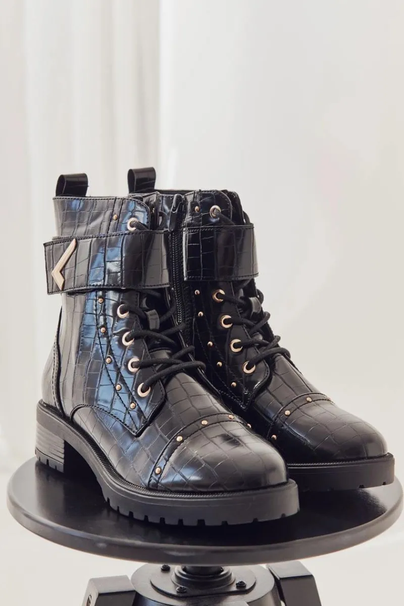 Online Ocieplane Skórzane Wężowe Botki Czarne Colira Damskie Botki Sznurowane|Czarne Botki