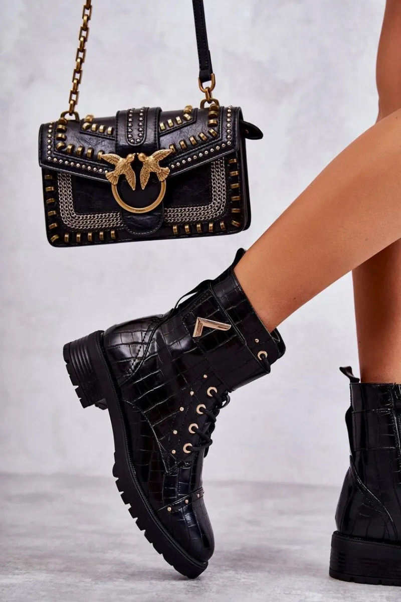 Online Ocieplane Skórzane Wężowe Botki Czarne Colira Damskie Botki Sznurowane|Czarne Botki