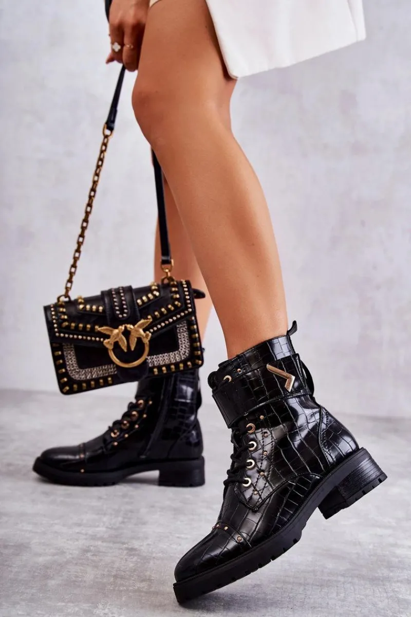 Online Ocieplane Skórzane Wężowe Botki Czarne Colira Damskie Botki Sznurowane|Czarne Botki