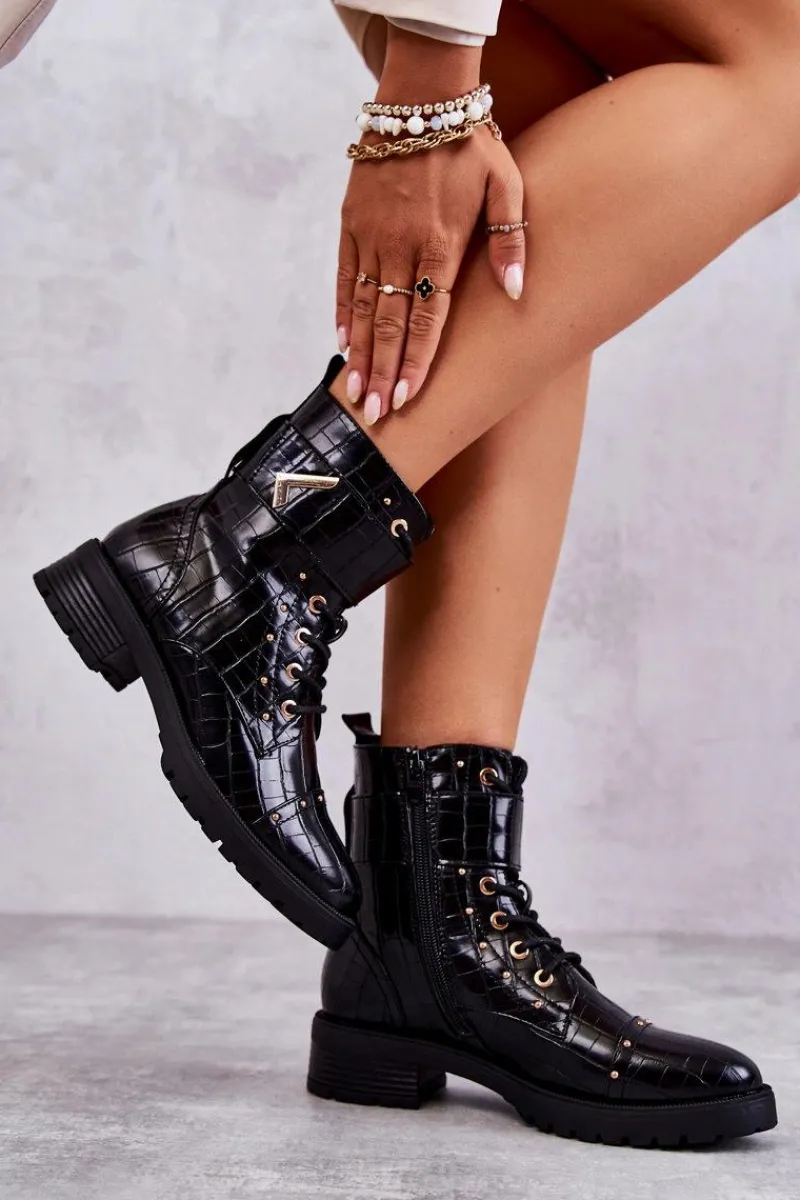 Online Ocieplane Skórzane Wężowe Botki Czarne Colira Damskie Botki Sznurowane|Czarne Botki