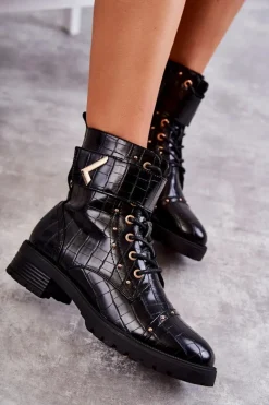 Online Ocieplane Skórzane Wężowe Botki Czarne Colira Damskie Botki Sznurowane|Czarne Botki