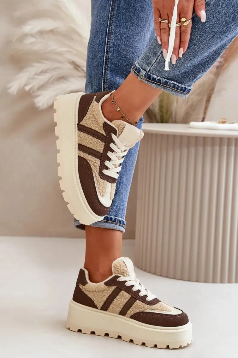 Online Ocieplane Sneakersy Damskie Na Platformie Z Kożuchem Brązowe Daivlene Damskie Sneakersy Damskie
