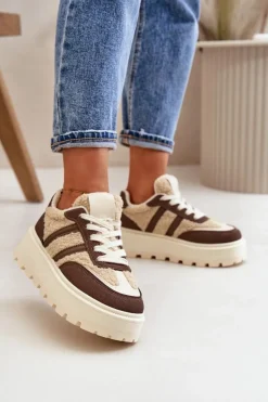 Online Ocieplane Sneakersy Damskie Na Platformie Z Kożuchem Brązowe Daivlene Damskie Sneakersy Damskie