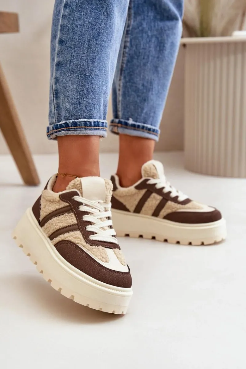Online Ocieplane Sneakersy Damskie Na Platformie Z Kożuchem Brązowe Daivlene Damskie Sneakersy Damskie