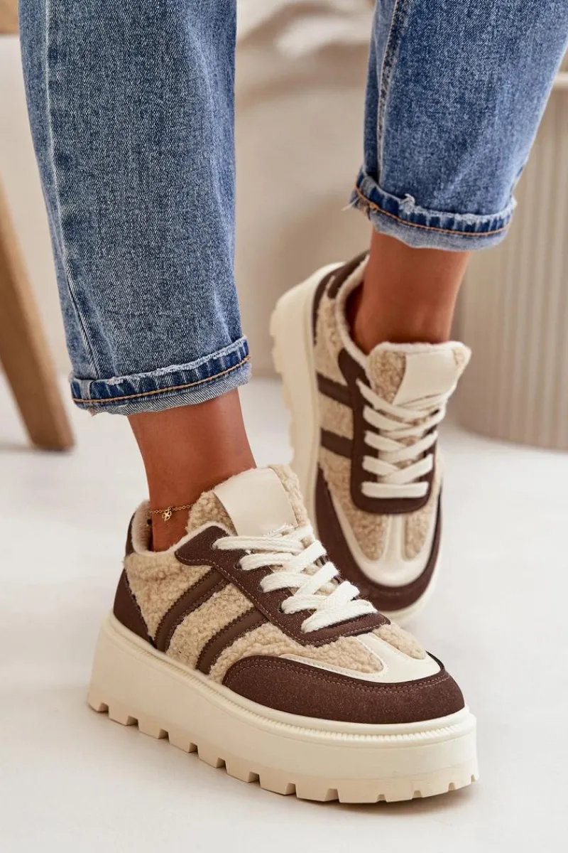 Online Ocieplane Sneakersy Damskie Na Platformie Z Kożuchem Brązowe Daivlene Damskie Sneakersy Damskie
