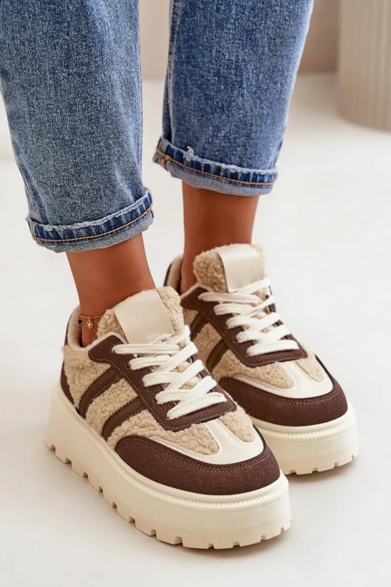 Online Ocieplane Sneakersy Damskie Na Platformie Z Kożuchem Brązowe Daivlene Damskie Sneakersy Damskie