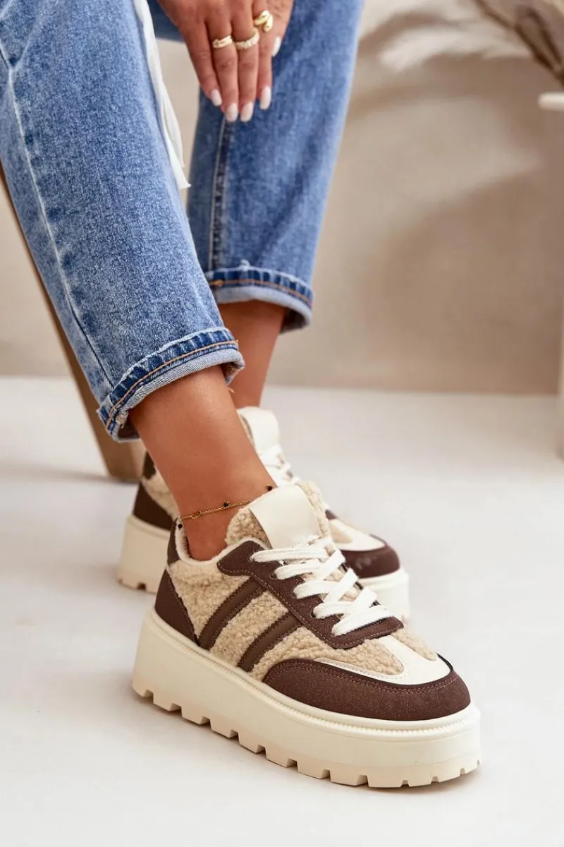 Online Ocieplane Sneakersy Damskie Na Platformie Z Kożuchem Brązowe Daivlene Damskie Sneakersy Damskie