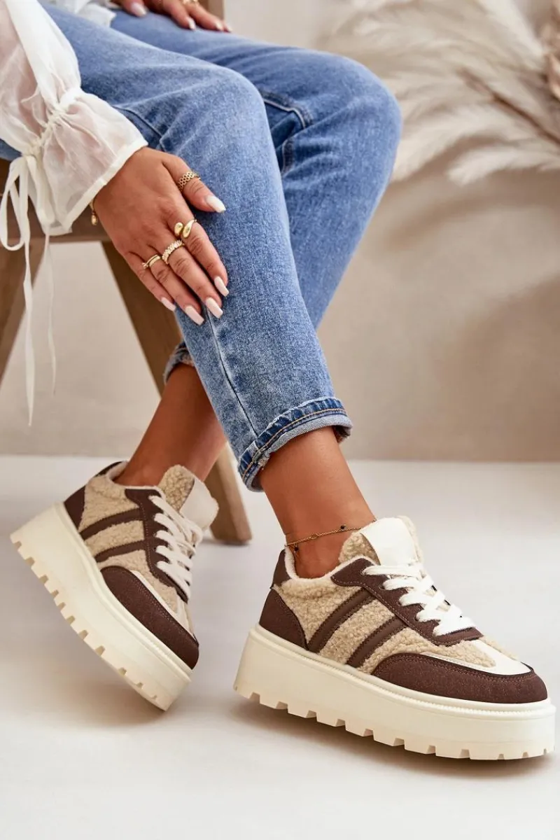 Online Ocieplane Sneakersy Damskie Na Platformie Z Kożuchem Brązowe Daivlene Damskie Sneakersy Damskie