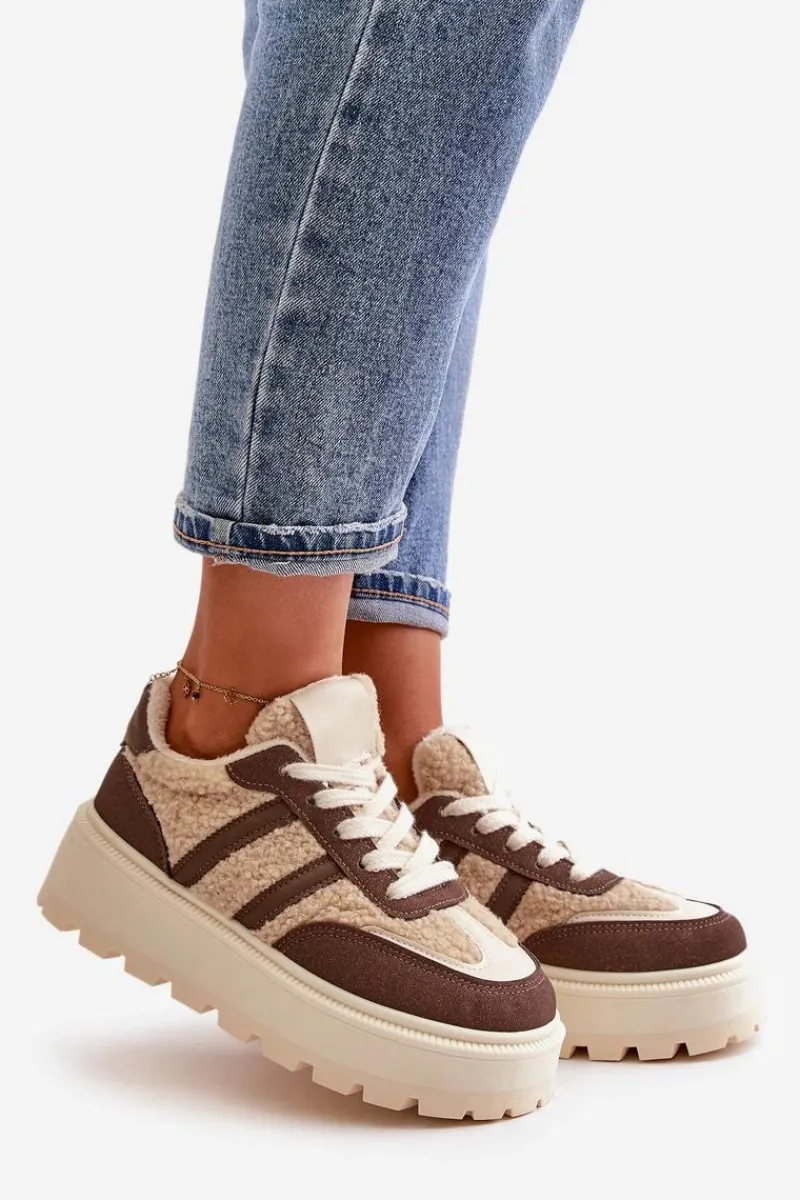 Online Ocieplane Sneakersy Damskie Na Platformie Z Kożuchem Brązowe Daivlene Damskie Sneakersy Damskie