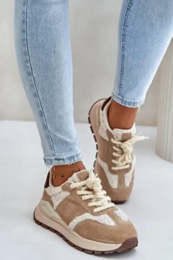 Buty Sportowe Big Star|Sneakersy Damskie>Big Star Shoes Ocieplane Sneakersy Damskie Skórzane Big Star OO274A317 HI-POLY SYSTEM Beżowe Beżowy