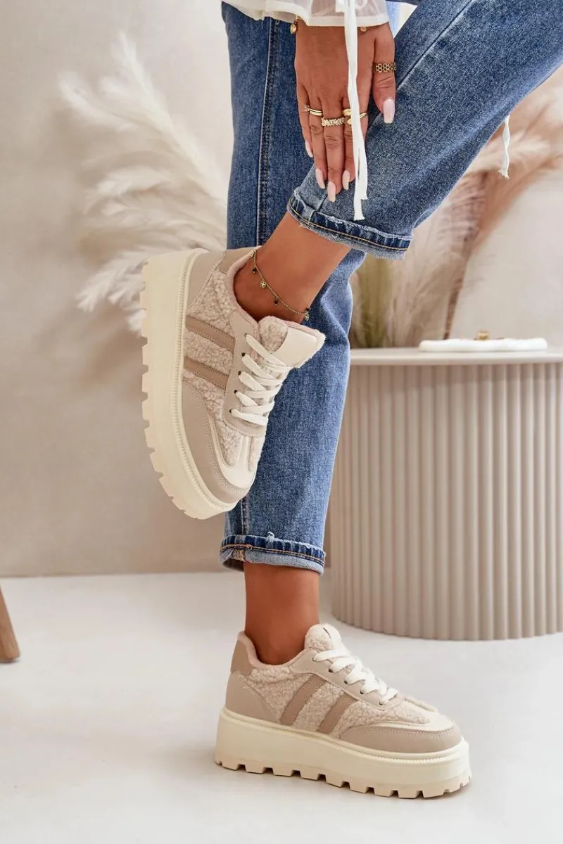 Outlet Boto Ocieplane Sneakersy Damskie Na Platformie Z Kożuchem Beżowe Daivlene Beżowy