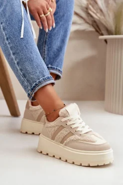 Outlet Boto Ocieplane Sneakersy Damskie Na Platformie Z Kożuchem Beżowe Daivlene Beżowy