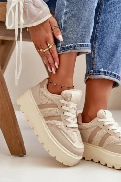 Outlet Boto Ocieplane Sneakersy Damskie Na Platformie Z Kożuchem Beżowe Daivlene Beżowy
