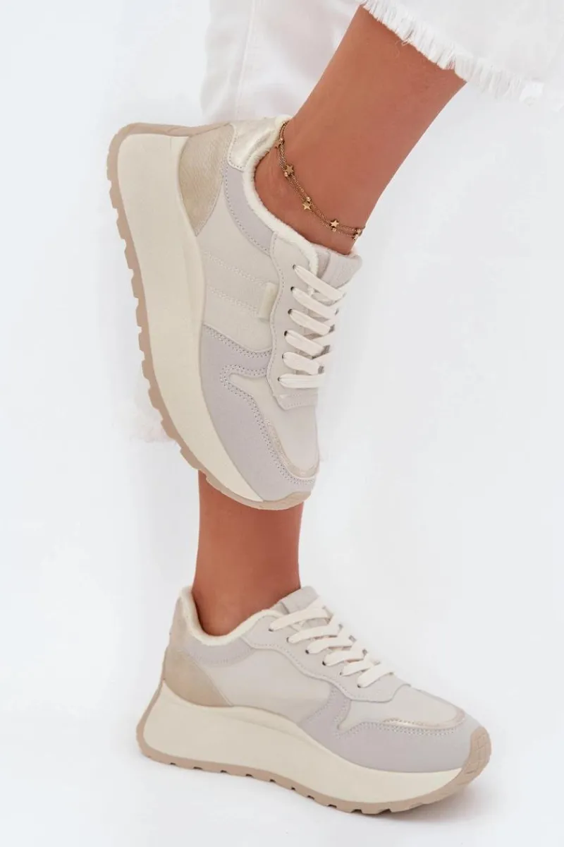 Hot Big Star Shoes Ocieplane Sneakersy Damskie Na Platformie Big Star SS274008 HI-POLY SYSTEM Jasnobeżowe Biały