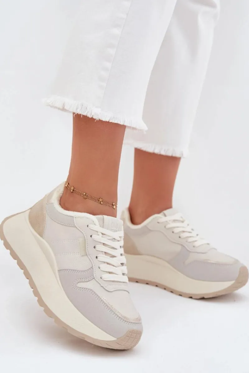 Hot Big Star Shoes Ocieplane Sneakersy Damskie Na Platformie Big Star SS274008 HI-POLY SYSTEM Jasnobeżowe Biały