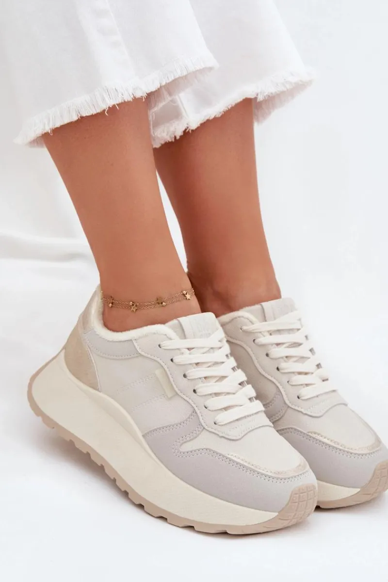 Hot Big Star Shoes Ocieplane Sneakersy Damskie Na Platformie Big Star SS274008 HI-POLY SYSTEM Jasnobeżowe Biały