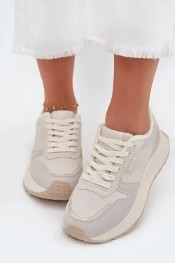 Hot Big Star Shoes Ocieplane Sneakersy Damskie Na Platformie Big Star SS274008 HI-POLY SYSTEM Jasnobeżowe Biały