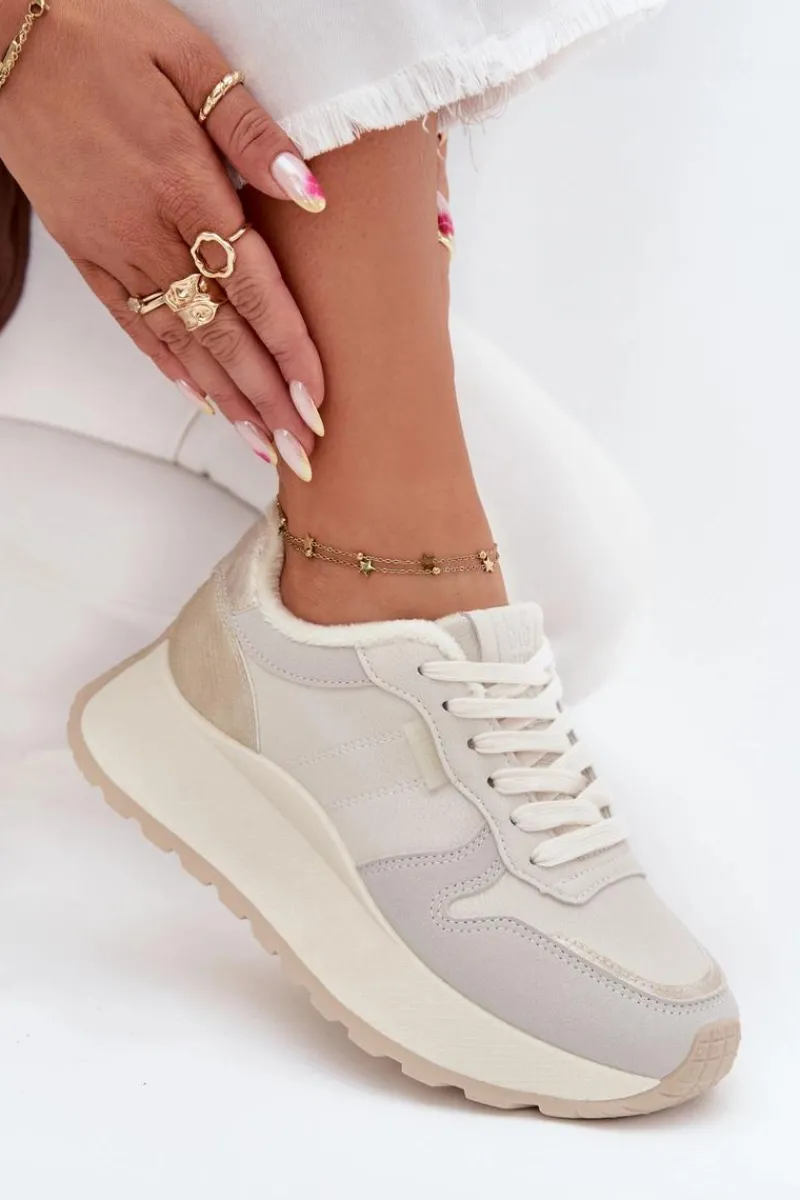 Hot Big Star Shoes Ocieplane Sneakersy Damskie Na Platformie Big Star SS274008 HI-POLY SYSTEM Jasnobeżowe Biały