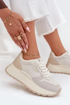 Hot Big Star Shoes Ocieplane Sneakersy Damskie Na Platformie Big Star SS274008 HI-POLY SYSTEM Jasnobeżowe Biały