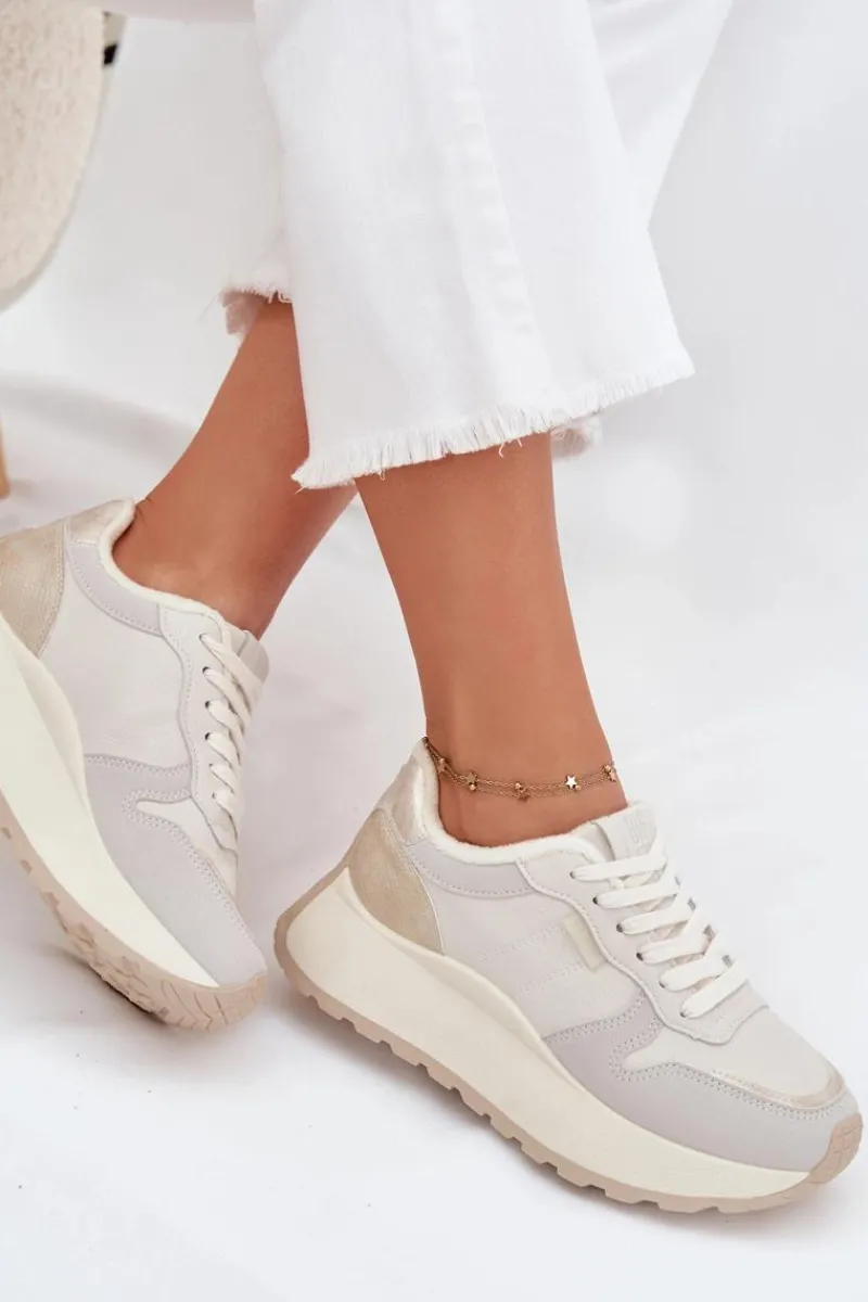 Hot Big Star Shoes Ocieplane Sneakersy Damskie Na Platformie Big Star SS274008 HI-POLY SYSTEM Jasnobeżowe Biały