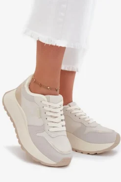 Hot Big Star Shoes Ocieplane Sneakersy Damskie Na Platformie Big Star SS274008 HI-POLY SYSTEM Jasnobeżowe Biały