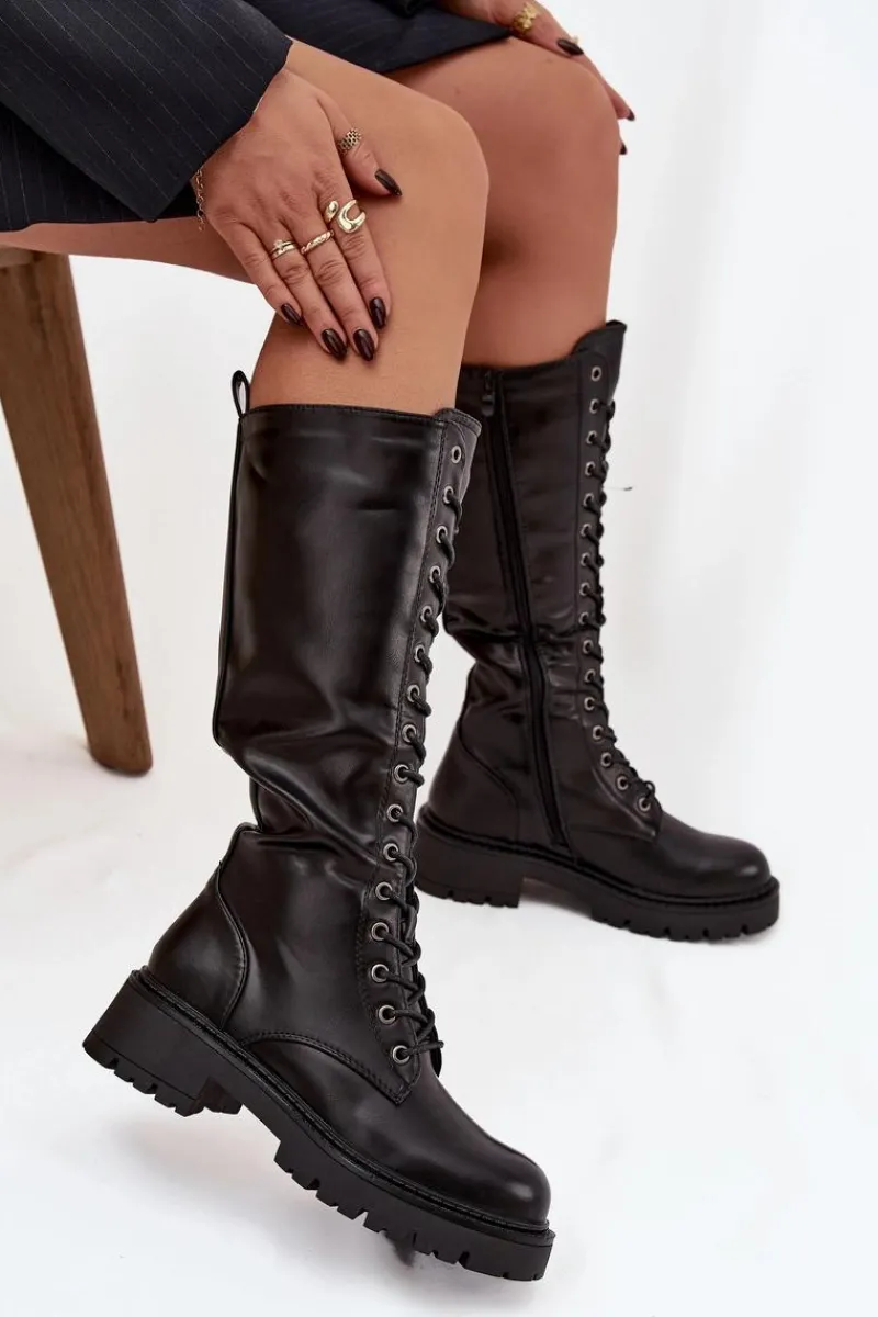 Kozaki Ocieplane|Kozaki Płaskie>Boto Ocieplane Sznurowane Kozaki Glany Damskie Czarne Novissa