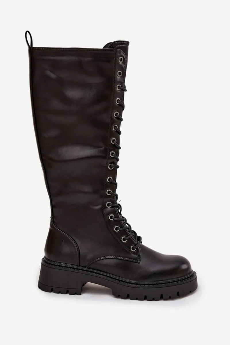 Kozaki Ocieplane|Kozaki Płaskie>Boto Ocieplane Sznurowane Kozaki Glany Damskie Czarne Novissa