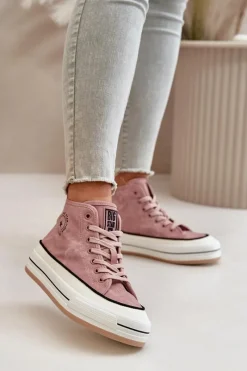 Clearance Ocieplane Trampki Damskie Na Platformie Eko Skórzane Big Star OO274068 Różowe Damskie Trampki Ocieplane|Trampki Damskie Big Star