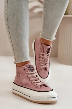 Clearance Ocieplane Trampki Damskie Na Platformie Eko Skórzane Big Star OO274068 Różowe Damskie Trampki Ocieplane|Trampki Damskie Big Star