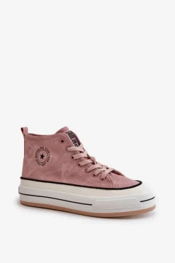 Clearance Ocieplane Trampki Damskie Na Platformie Eko Skórzane Big Star OO274068 Różowe Damskie Trampki Ocieplane|Trampki Damskie Big Star