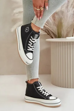 Best Ocieplane Trampki Damskie Na Platformie Eko Skórzane Big Star OO274062 Czarne Damskie Trampki Ocieplane|Trampki Damskie Big Star