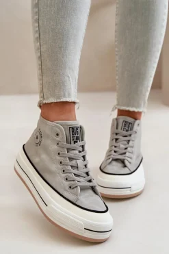 Sale Ocieplane Trampki Damskie Na Platformie Eko Skórzane Big Star OO274070 Szare Damskie Trampki Ocieplane|Trampki Damskie Big Star