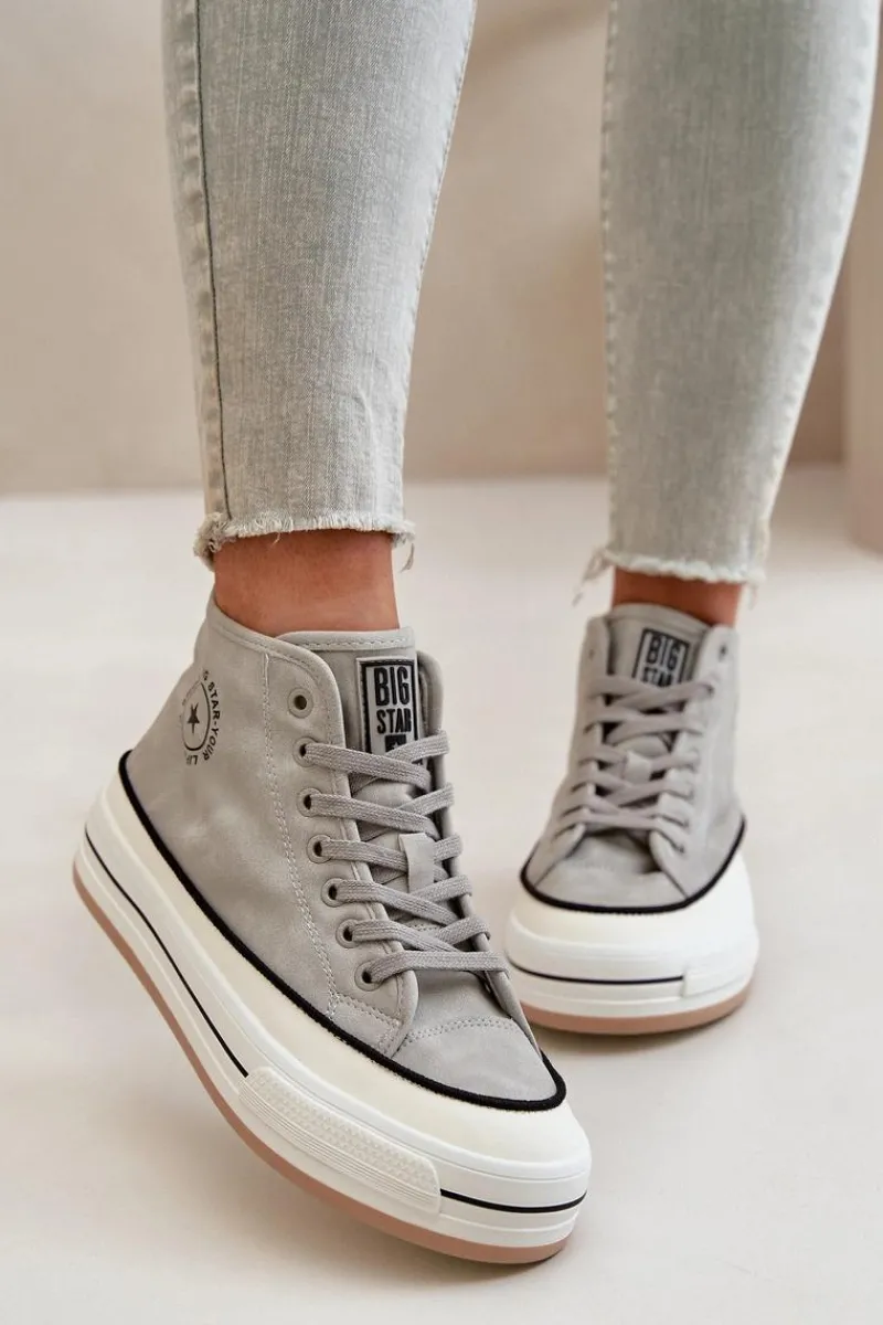 Sale Ocieplane Trampki Damskie Na Platformie Eko Skórzane Big Star OO274070 Szare Damskie Trampki Ocieplane|Trampki Damskie Big Star