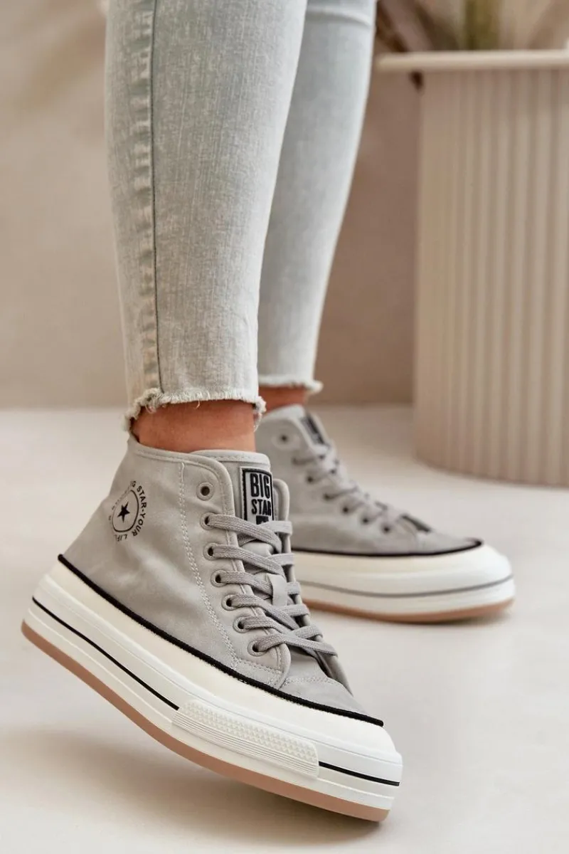 Sale Ocieplane Trampki Damskie Na Platformie Eko Skórzane Big Star OO274070 Szare Damskie Trampki Ocieplane|Trampki Damskie Big Star