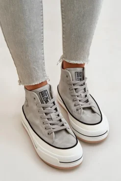 Sale Ocieplane Trampki Damskie Na Platformie Eko Skórzane Big Star OO274070 Szare Damskie Trampki Ocieplane|Trampki Damskie Big Star