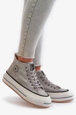 Sale Ocieplane Trampki Damskie Na Platformie Eko Skórzane Big Star OO274070 Szare Damskie Trampki Ocieplane|Trampki Damskie Big Star