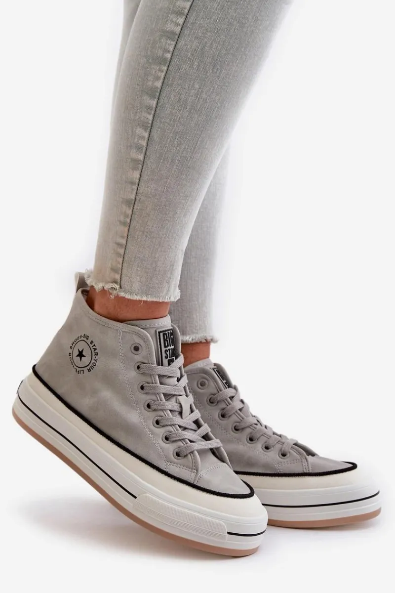 Sale Ocieplane Trampki Damskie Na Platformie Eko Skórzane Big Star OO274070 Szare Damskie Trampki Ocieplane|Trampki Damskie Big Star