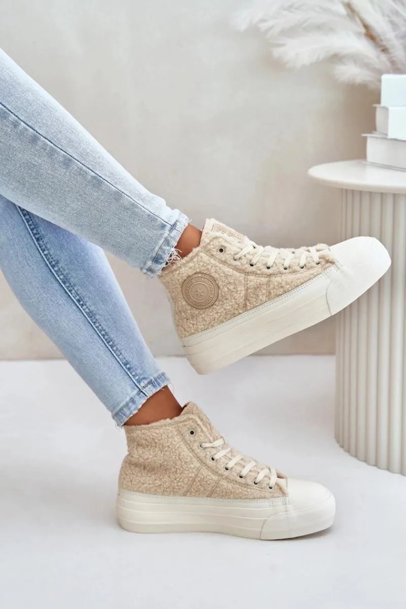 Trampki Damskie Big Star|Trampki Damskie Wysokie>Big Star Shoes Ocieplane Trampki Damskie Z Futerkiem Typu Baranek Big Star OO274A444 Beżowe Beżowy